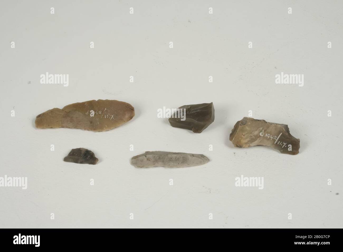 five flint tools, shards, stone, flint, prehistoric times, Netherlands, Gelderland, Winterswijk, Ratum Stock Photo