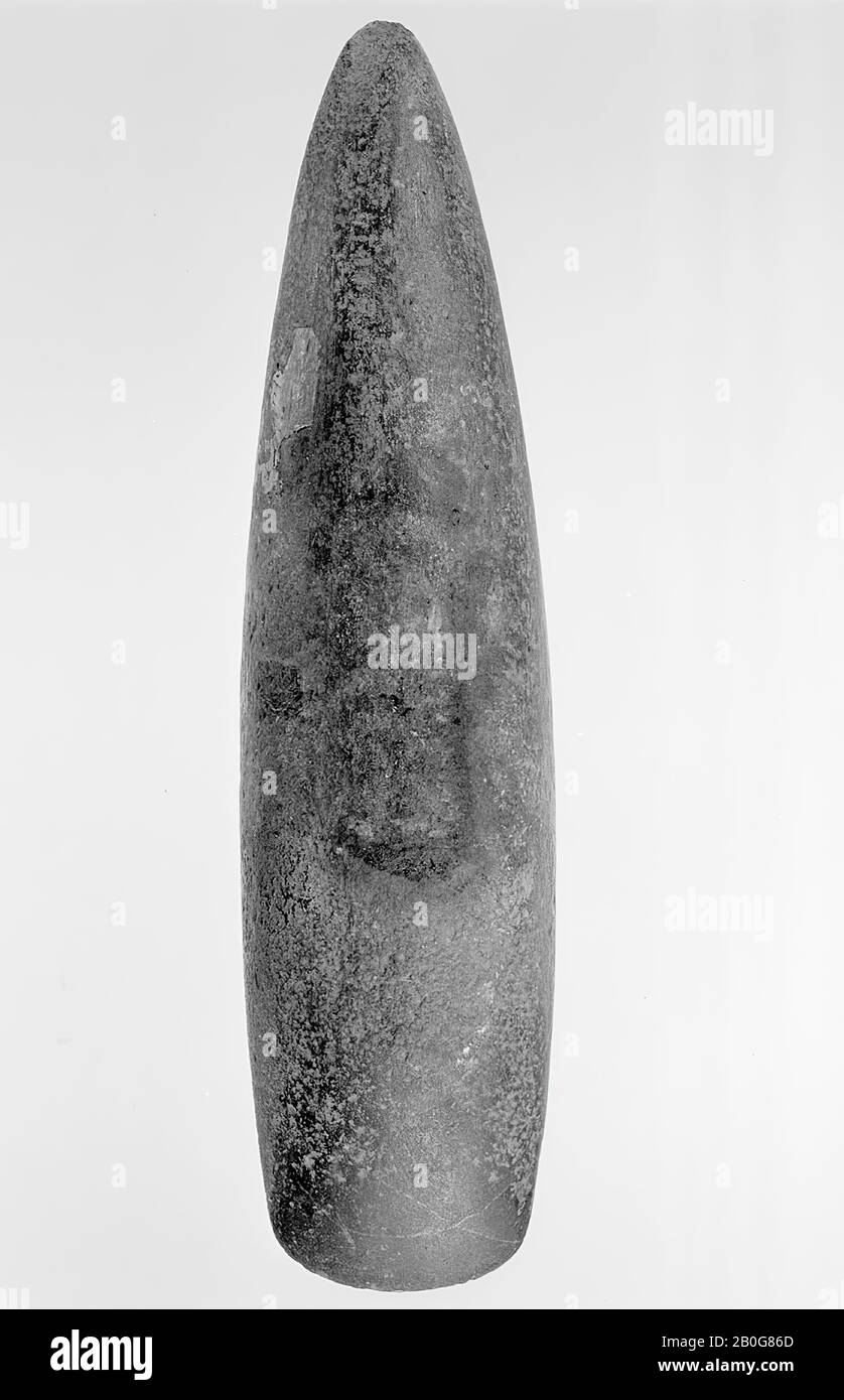 ax wedge (or bik) of gravel, tipped at one end, ground to the other, ax, stone, Length: 20.4 cm, prehistoric -4000 Stock Photo