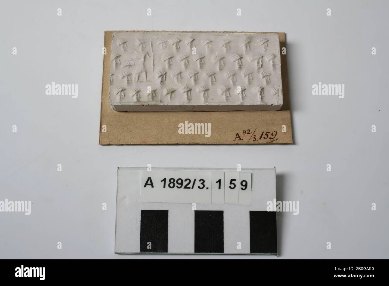 print, cylinder seal, plaster, 3.2 x 6.6 x 0.6 cm, cardboard: 5 x 7.5 cm Stock Photo