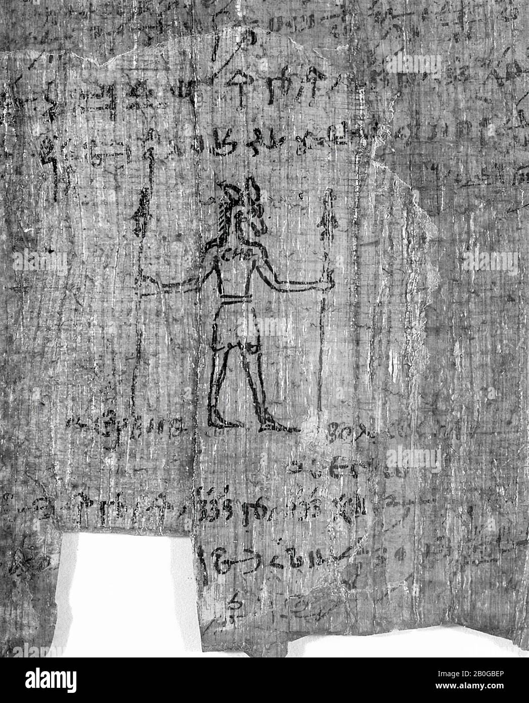 papyrus, demotic, sun eye, magical, I 384 A = sheet 1, Free damaged handwriting, A) Method of framing: stuck paper végétal, behind double glazing, Sizes :, Glass frame: 29 x 50 cm, Handwriting: 23 x 48.5 cm, B) Classification :, 1: number of columns: recto: 4 columns, separated by double line, Verso: 5 columns, 2: type of writing: Demotic (recto) and Greek (verso), 3: ink color: black and red, 4: reading direction: right to left (Demotic) and left to right (Greek), 5: number and place vignettes: recto: none, verso: two vignettes, Recto :, In column III between lines 13 and 24 there is an empty Stock Photo