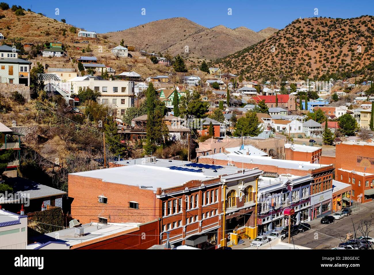 Old Bisbee is the historic center of town. The very walkable Main Street turns into Tombstone Canyon as you head uphill, and serves as the main thorou Stock Photo