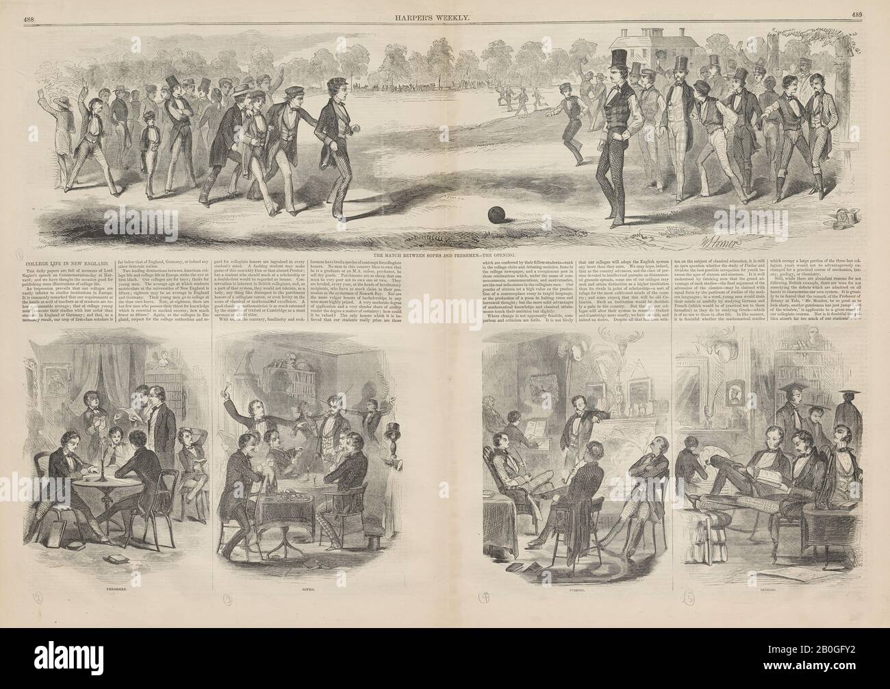 After Winslow Homer, American, 1836–1910, The Match Between Sophs and Freshmen—The Opening; Freshmen and Sophs; Juniors and Seniors, From Harper's Weekly, vol. 1, 1 Aug. 1857, Wood engraving on newsprint, Sheet: 14 1/16 x 20 5/8 in. (35.7 x 52.4 cm Stock Photo