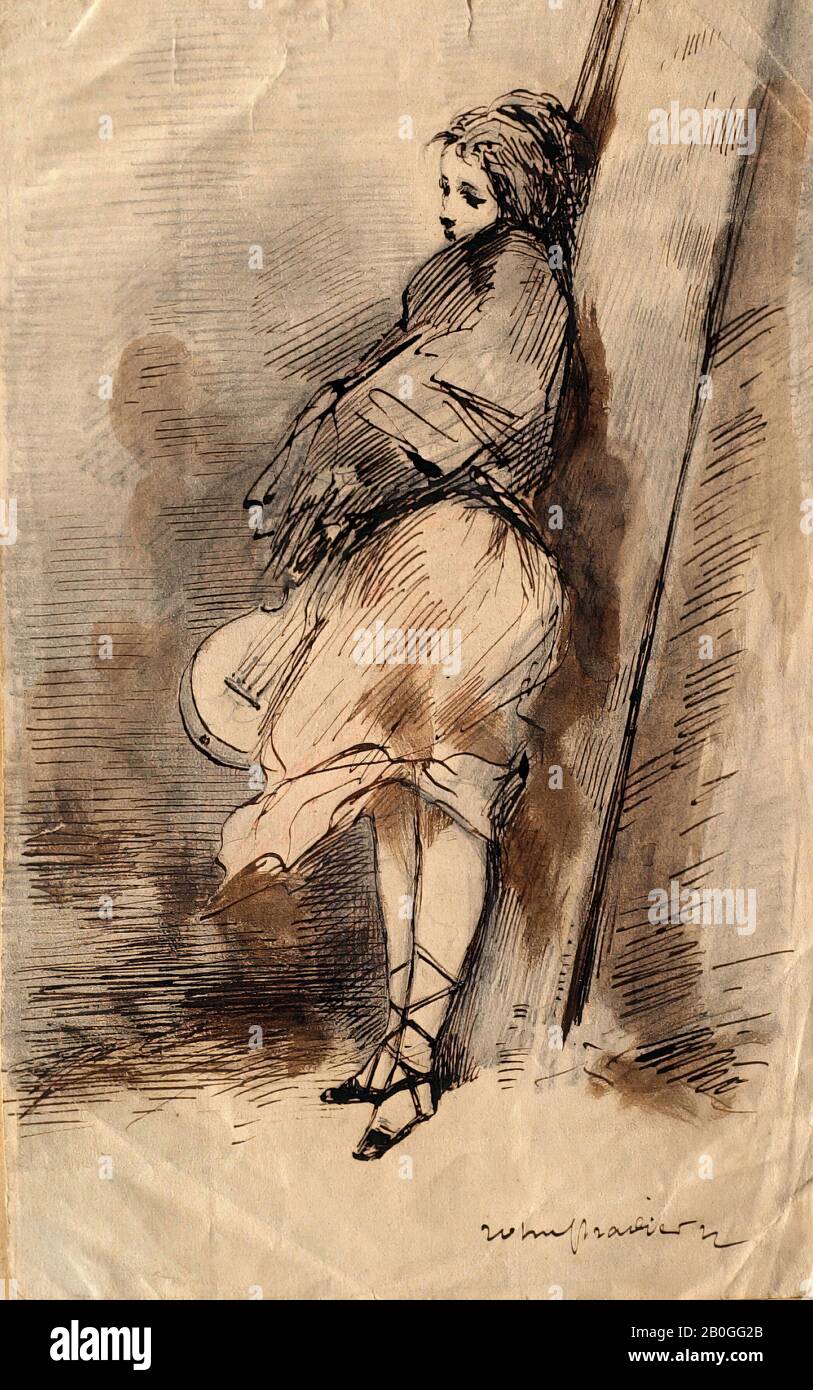 John Pradier, French, 1835-1912, A Windy Day, 1855-1912, Pen and brown ink, brown wash, and pencil, on paper, Overall: 7 13/16 x 4 15/16 in. (19.9 x 12.5 cm Stock Photo