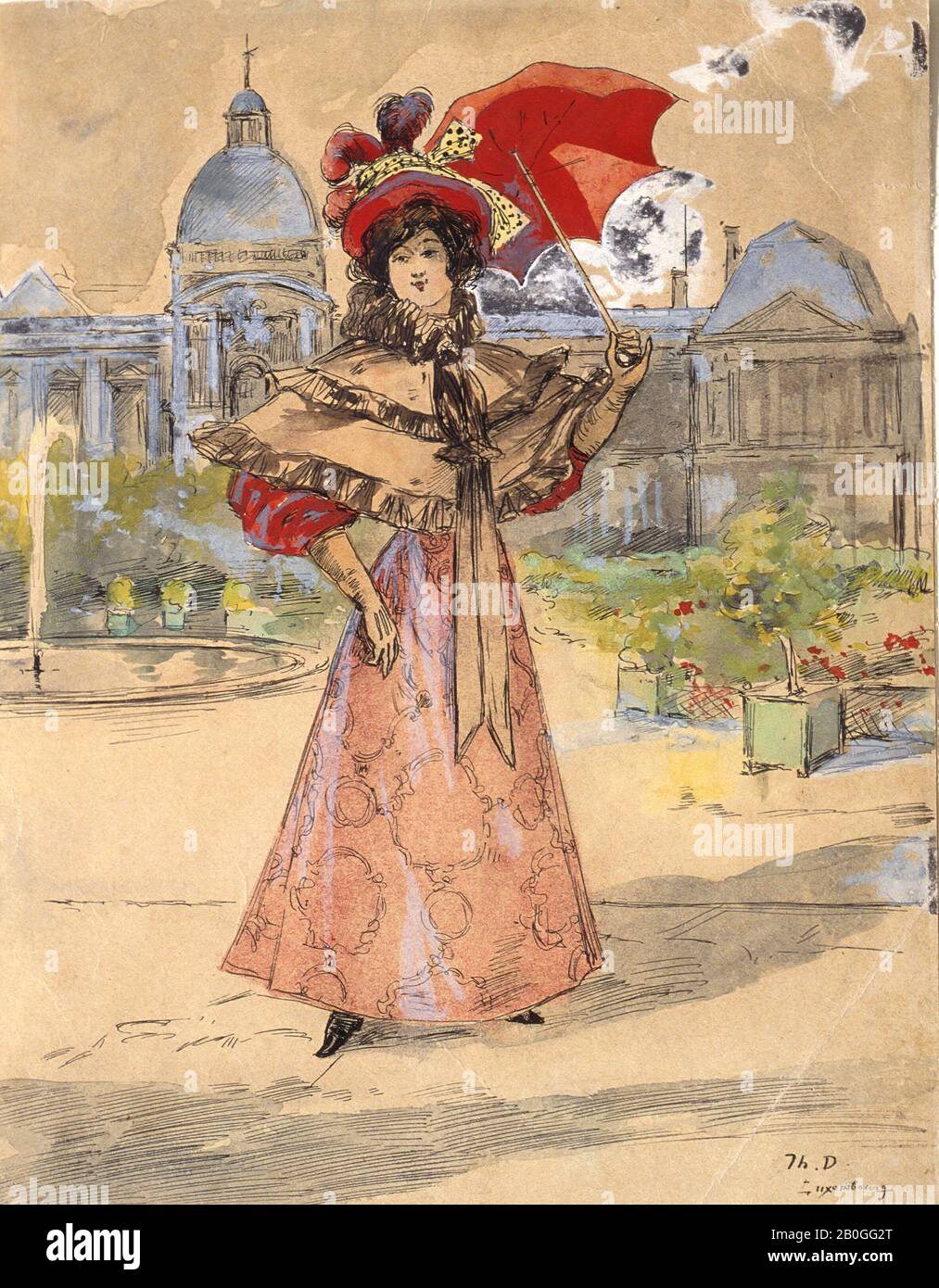 Th. D., French, 19th century, Woman in the Luxembourg Gardens, 19th Century, Pen and black ink, watercolor, and gouache heightened with white on paper, Overall: 9 1/8 x 7 1/8 in. (23.2 x 18.1 cm Stock Photo