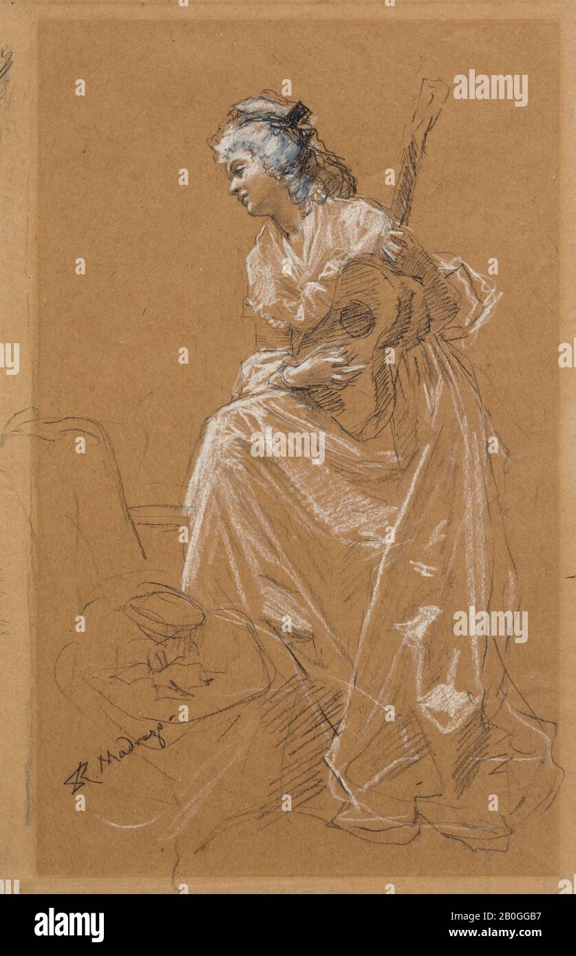 Raimundo de Madrazo y Garreta, Spanish, 1841–1920, Woman with Guitar, 1885–1905, Black and white chalk on buff paper, 19 5/8 x 12 5/16 in. (49.8 x 31.2 cm Stock Photo