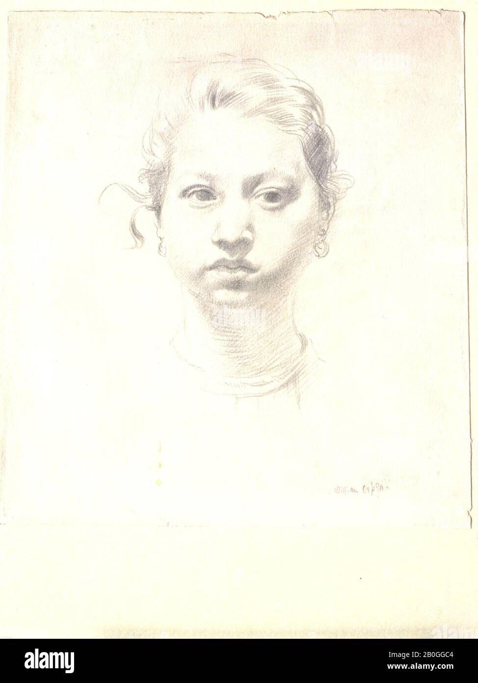 Sir William Orpen, Irish, 1878–1931, Head of a Girl, 1888–1931, Pencil on paper, Overall: 9 9/16 x 8 3/4 in. (24.3 x 22.2 cm Stock Photo