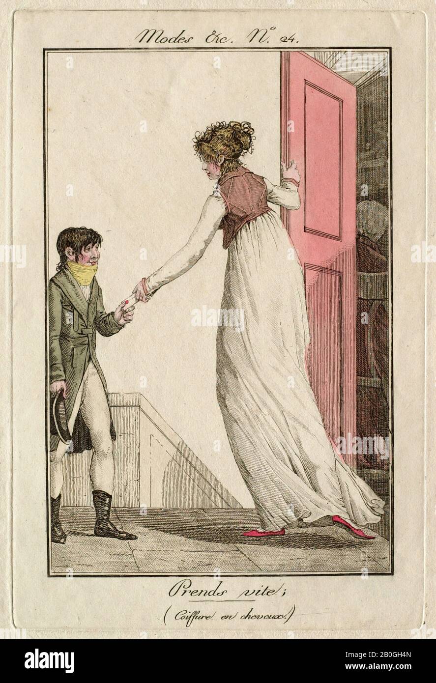Philibert  Louis Debucourt, French, 1755–1832, Modes et Manières No. 24: Prends vite (Coiffure en cheveus), 1800, Hand-colored etching on paper, Border: 6 3/8 x 4 3/16 in. (16.2 x 10.7 cm Stock Photo