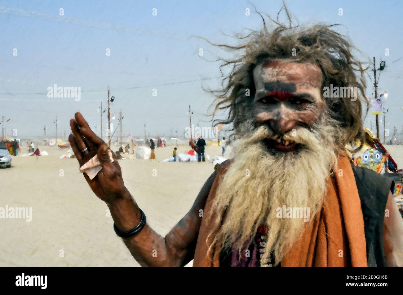 Digital Painting Aghori Sadhu-3: Blessings of an old Aghori Sadhu with long hairs, ash on the face, wearing human bones. Stock Photo