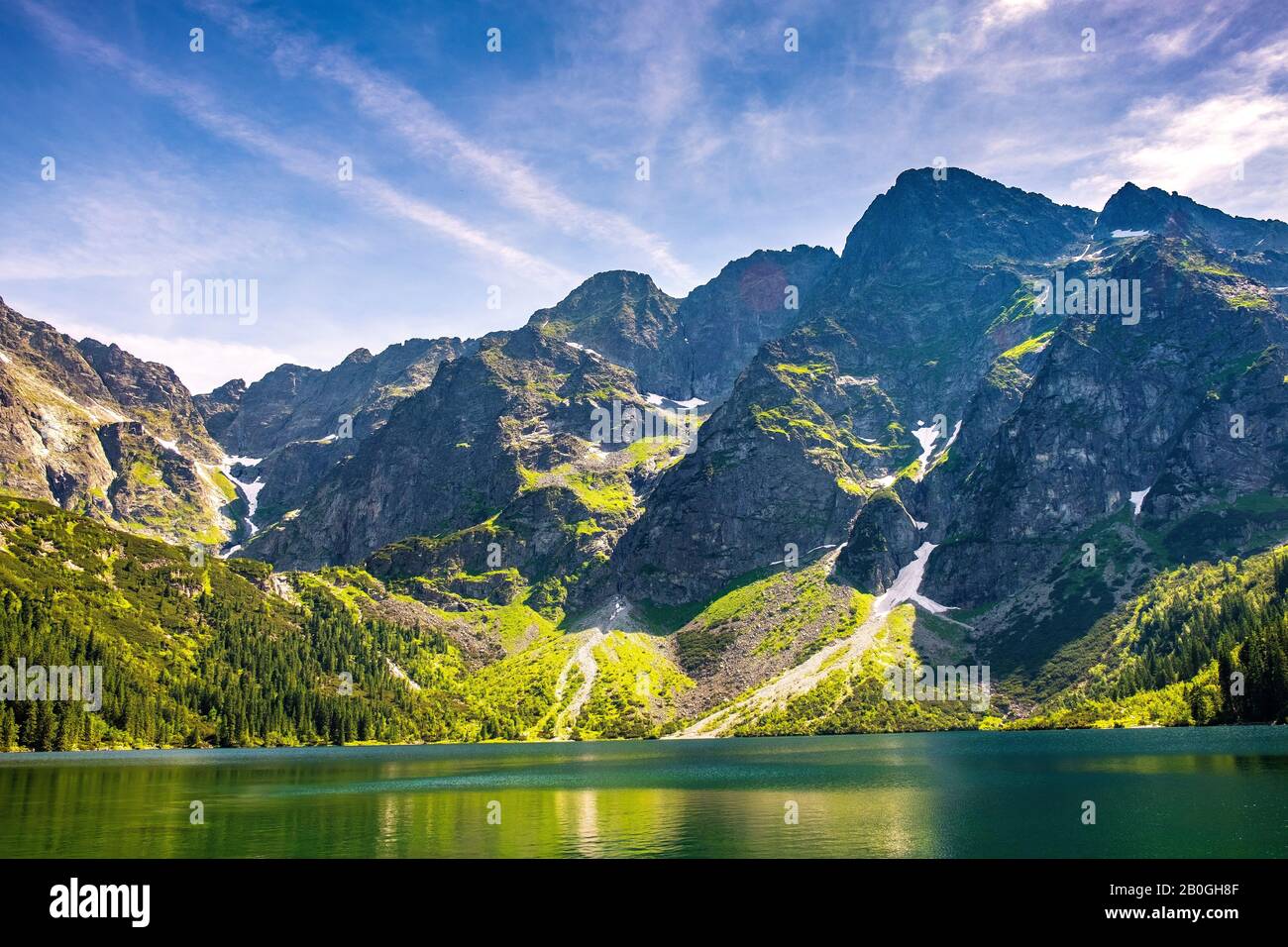Panoramic view of Morskie Oko lake with Tatra Mountains peaks - Zabia Turnia, Wolowy Grzbiet, Kazalnica, Rysy, Mieguszowieckie Szczyty and Czarny Staw Stock Photo