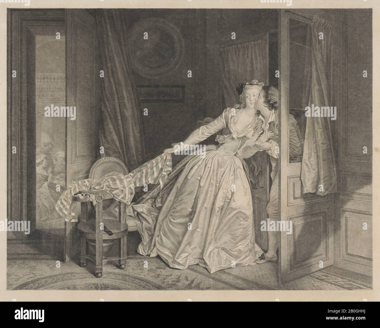 Nicolas François Regnault, French, 1746–c. 1810, After Jean-Honoré Fragonard, (French, 1732–1806), Le Baiser à la Dérobée, 1788, Engraving on paper, image: 13 7/8 x 18 1/8 in. (35.3 x 46 cm Stock Photo