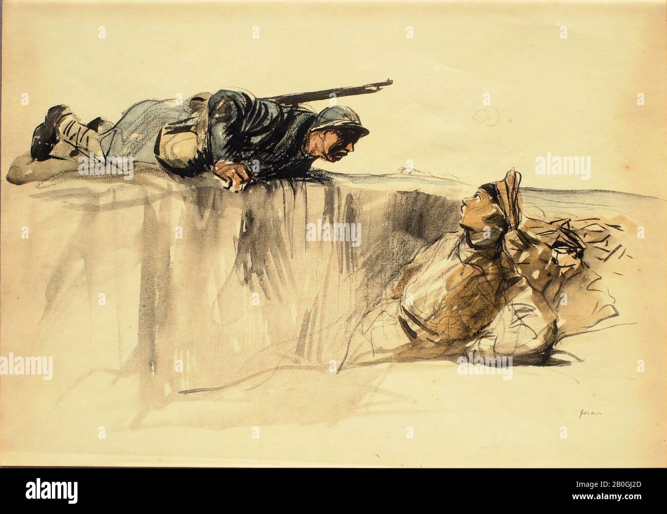 After Jean Louis Forain, French, 1852–1931, Untitled Drawings of World War I: Allied Soldier Confronting German Officer in Trench, 1862–1931, Léon Marotte process facsimile reproduction on paper, after crayon and wash drawing by Forain, sheet: 12 1/8 x 17 1/4 in. (30.8 x 43.8 cm Stock Photo