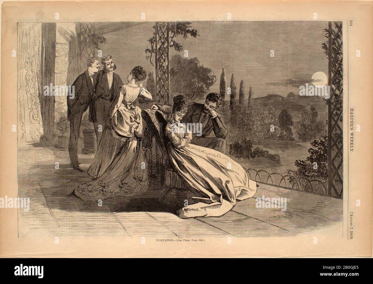 Unknown, Flirtation, From Harper's Weekly, 1869, Wood engraving on paper, image: 9 3/16 x 13 7/8 in. (23.4 x 35.3 cm Stock Photo