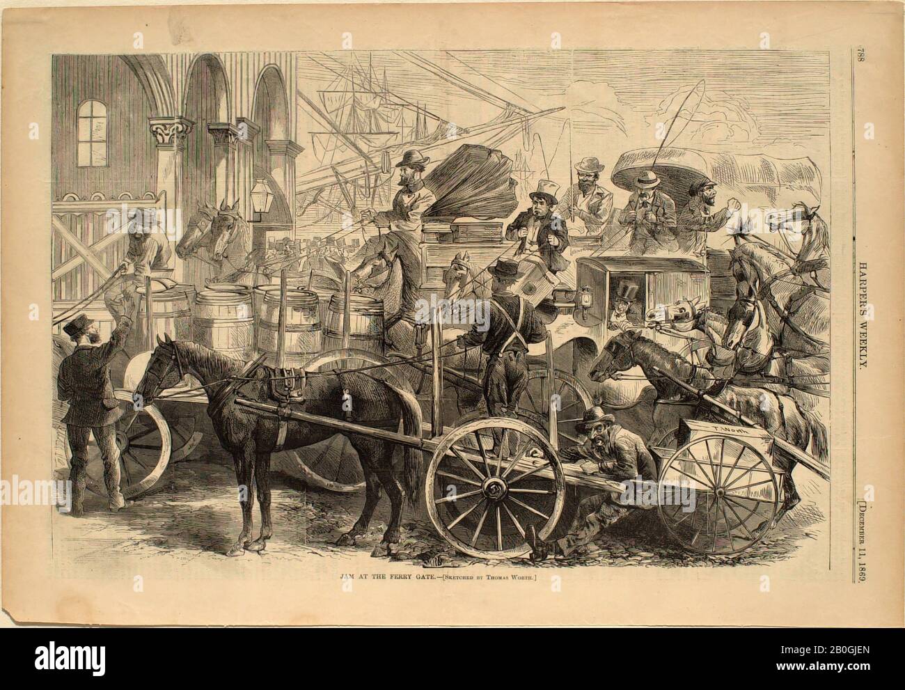 Thomas Worth, American, 1839–1917, Jam at the Ferry Gate, From Harper's Weekly, 1869, Wood engraving on paper, image: 9 1/16 x 13 11/16 in. (23 x 34.8 cm Stock Photo