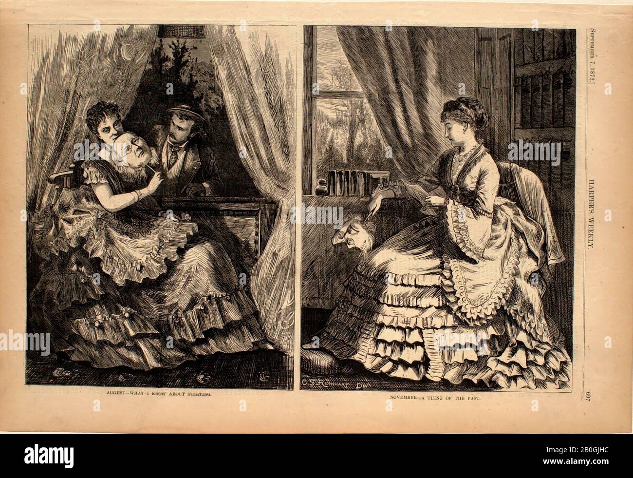 Charles Stanley Reinhart, American, 1844–1896, August—What I Knew about Flirting, and November—A Thing of the Past, 1872, Wood engraving on paper, image: 9 1/8 x 13 3/4 in. (23.2 x 35 cm Stock Photo