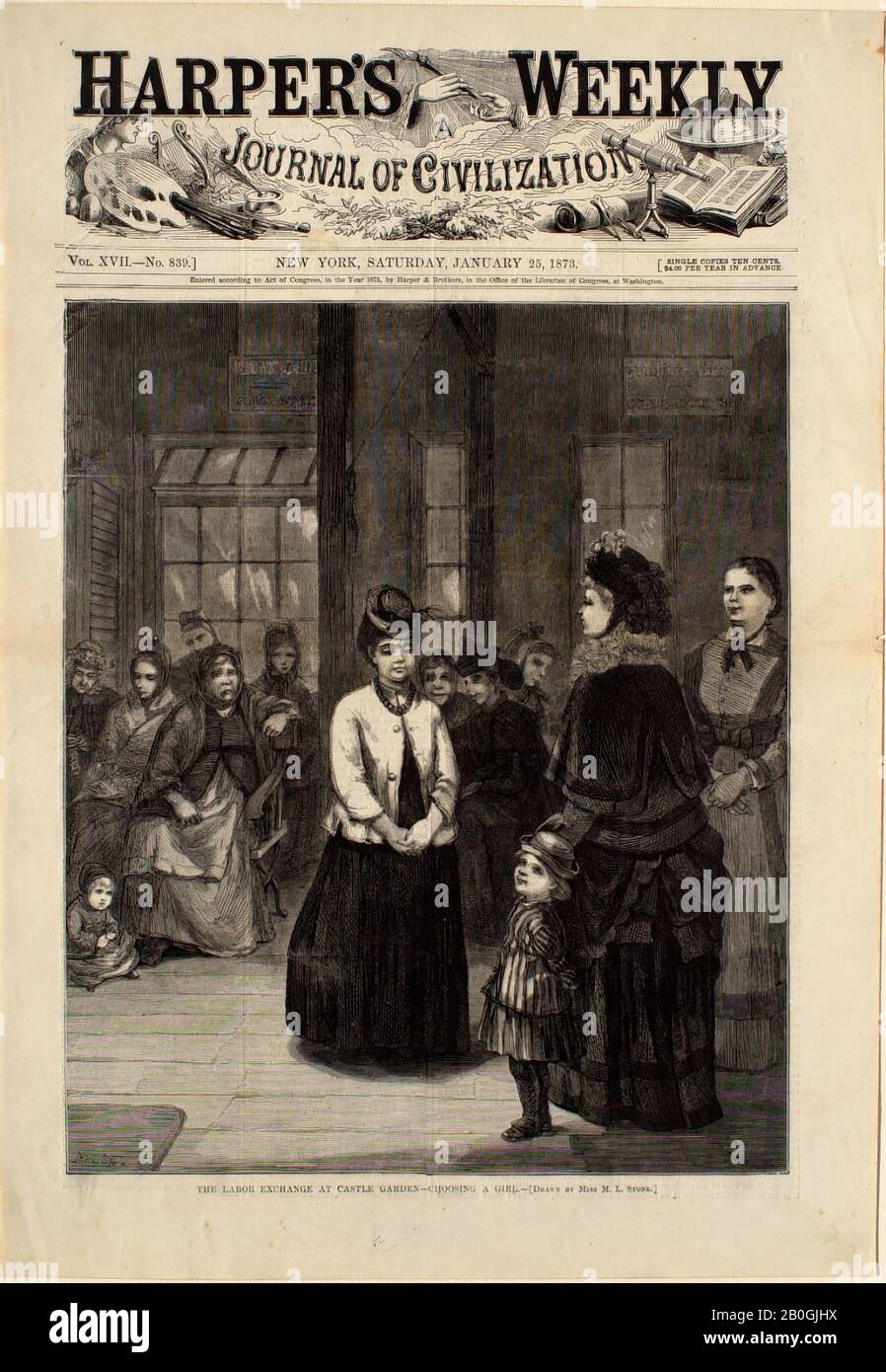Margaret L. Stone, American, active 19th century, The Labor Exchange at Castle Garden—Choosing a Girl, 1873, Wood engraving on paper, image: 11 x 9 1/8 in. (27.9 x 23.1 cm Stock Photo