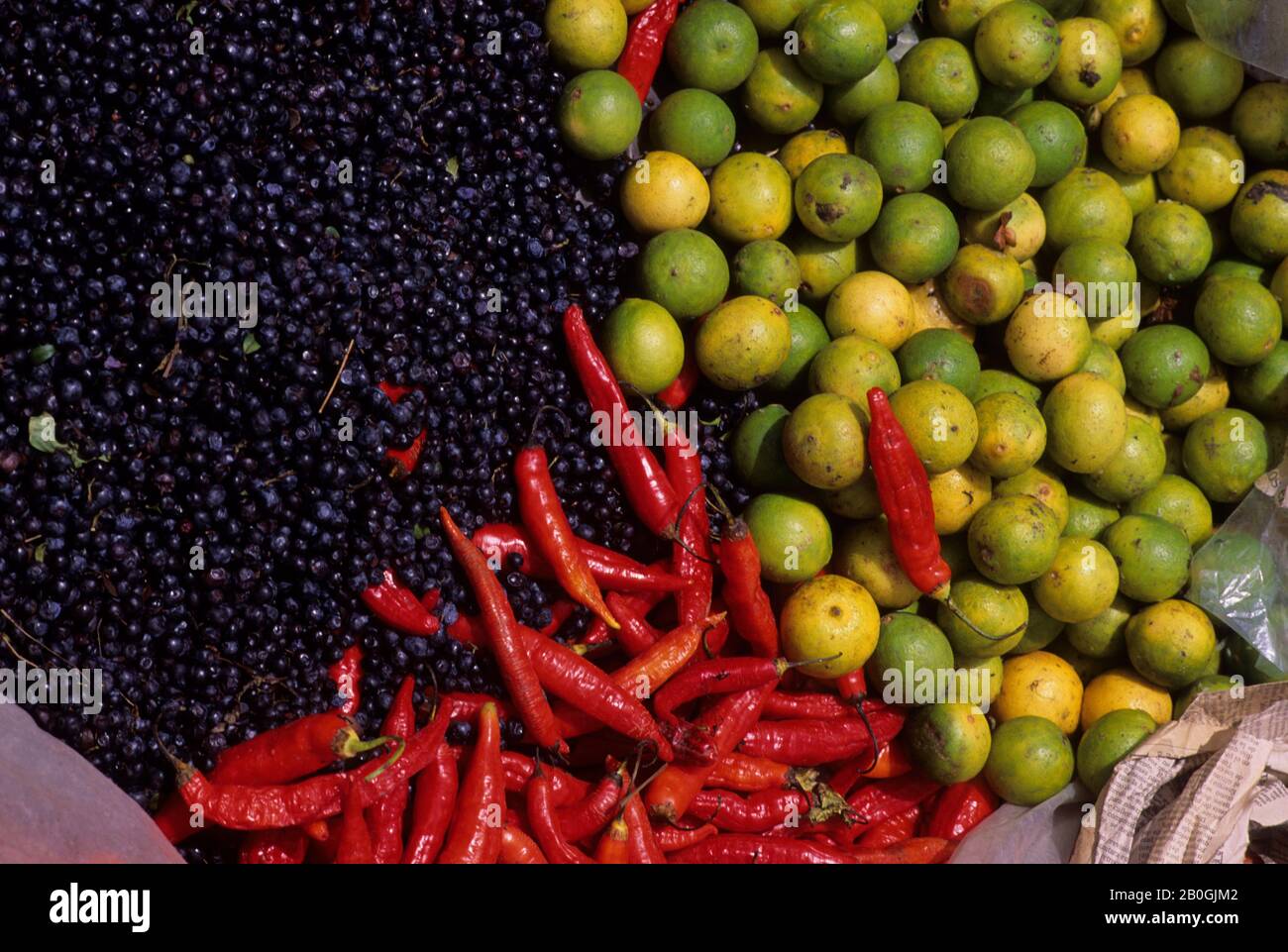 ECUADOR, HIGHLANDS, PUJILI, LOCAL INDIAN MARKET, CLOSEUP OF PEPPERS, LIMES, AND BLUEBERRIES Stock Photo