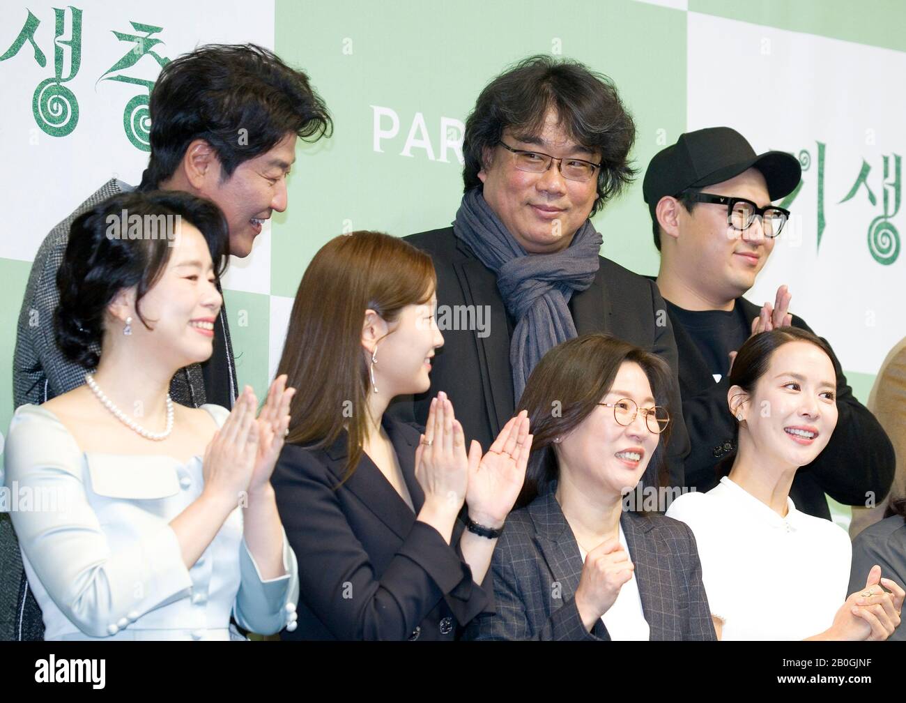 Song Kang-Ho, Bong Joon-Ho, Han Jin-Won, Jang Hye-Jin, Park So-Dam, Kwak Sin-Ae and Cho Yeo-Jeong, Feb 19, 2020 : (L-R, 2nd row) Actor Song Kang-Ho, director Bong Joon-Ho, screenwriter Han Jin-Won, (L-R, front row) cast members Jang Hye-Jin, Park So-Dam, film producer Kwak Sin-Ae and actress Cho Yeo-Jeong attend a press conference held for their Oscar-winning film 'Parasite' in Seoul, South Korea. The Korean black comedy thriller won four Oscar titles at the Academy Awards on Feb 9, 2020, becoming the first non-English language film to win the Oscars Best Picture in its 92-year history. (Photo Stock Photo