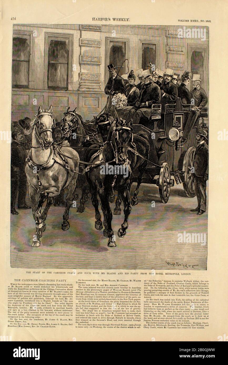 W. P. Snyder, American, 19th century, The Start of the Carnegie Coach and Four with Mr. Blane and His Party from the Hotel..., 1888, Wood engraving on paper, image: 11 7/16 x 9 3/16 in. (29.1 x 23.3 cm Stock Photo