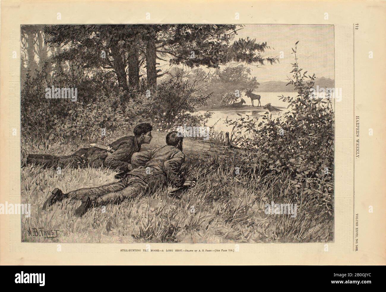 Wimmermann, American, 18th century, Arthur Burdett Frost I, (American, 1851–1928), Still-Hunting the Moose—A Long Shot, 1883, Wood engraving on paper, image: 9 x 12 15/16 in. (22.8 x 32.9 cm Stock Photo