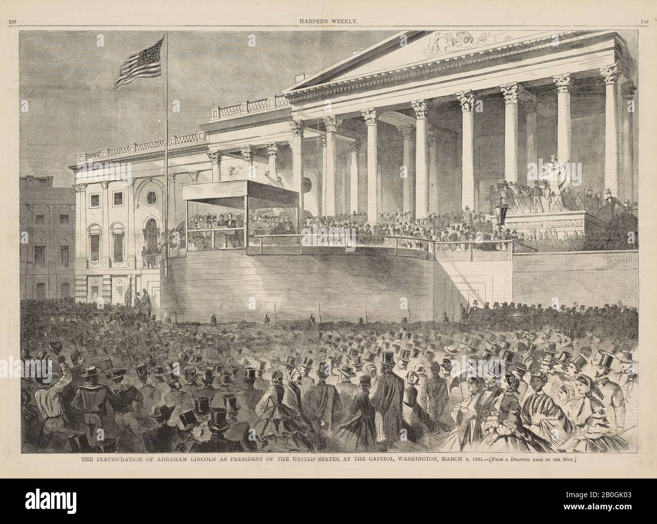 After Winslow Homer, American, 1836–1910, The Inauguration of Abraham Lincoln as President of the United States, at the Capitol, Washington, March 4, 1861.—[From a Drawing made on the Spot.], From Harper's Weekly, vol. 5, 16 Mar. 1861, Wood engraving on newsprint, Image: 13 11/16 x 20 in. (34.8 x 50.8 cm Stock Photo