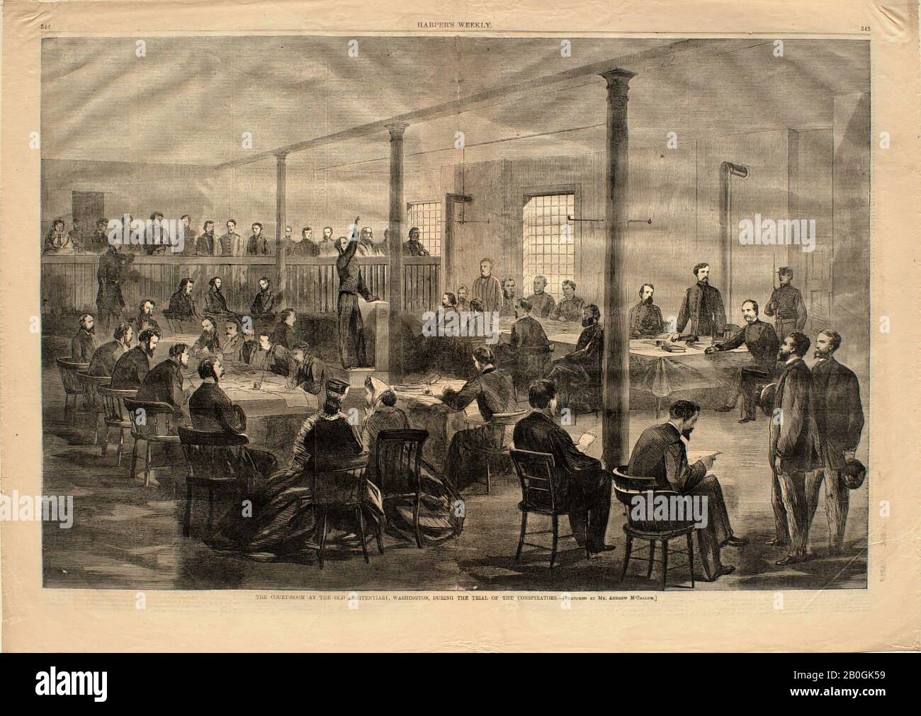Andrew McCallum, English, 18211902, The Court-Room of the Old Penitentiary, Washington,...Trial of the Conspirators, 1865, Wood engraving on paper, image: 13 11/16 x 20 5/8 in. (34.8 x 52.4 cm Stock Photo