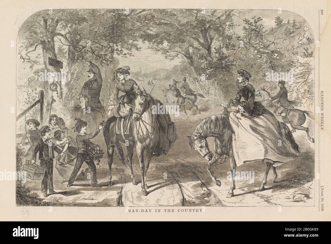 After Winslow Homer, American, 1836–1910, May-Day in the Country, From Harper's Weekly, vol. 3, 30 April 1859, Wood engraving on newsprint, Image: 9 1/8 x 13 13/16 in. (23.2 x 35.1 cm Stock Photo
