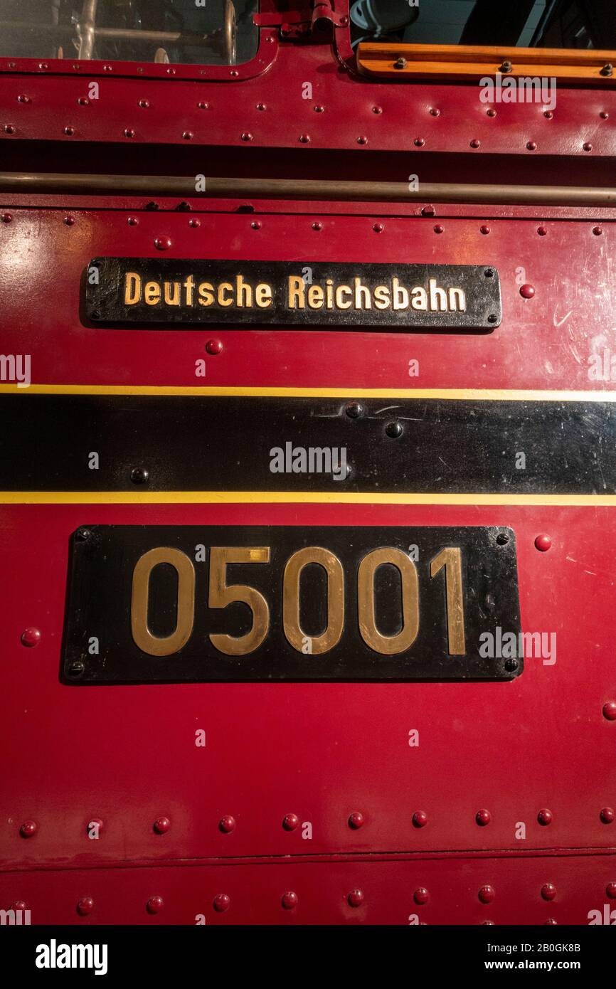 A  Deutsche Reichsbahn's Class 05 in the Verkehrsmuseum Nürnberg (Nuremberg Transport Museum), Nuremberg, Bavaria, Germany. Stock Photo