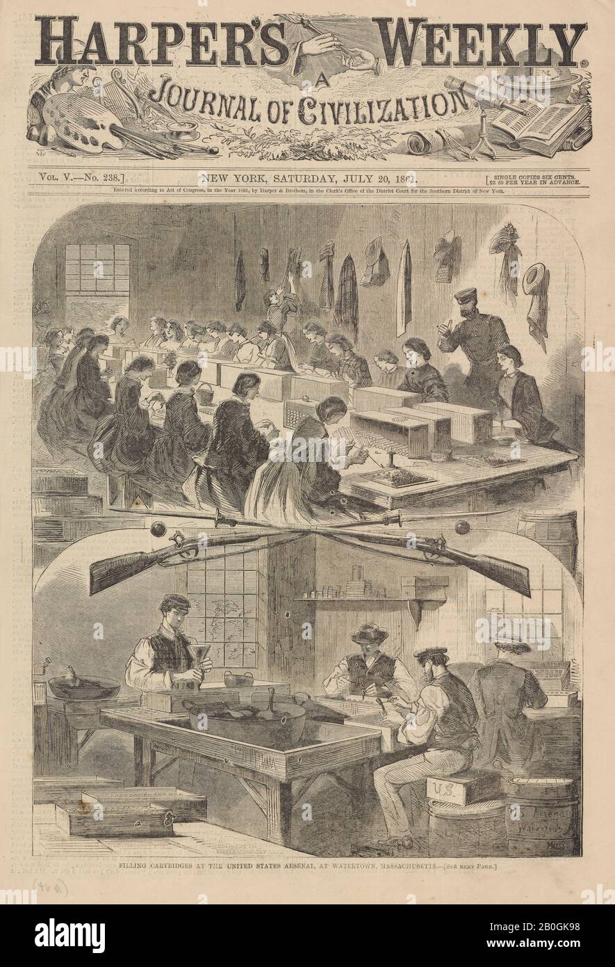 After Winslow Homer, American, 1836–1910, Filling Cartridges at the United States Arsenal, at Watertown, Massachusetts, From Harper's Weekly, vol. 5, 20 July 1861, Wood engraving on newsprint, Image: 10 7/8 x 9 1/8 in. (27.6 x 23.2 cm Stock Photo