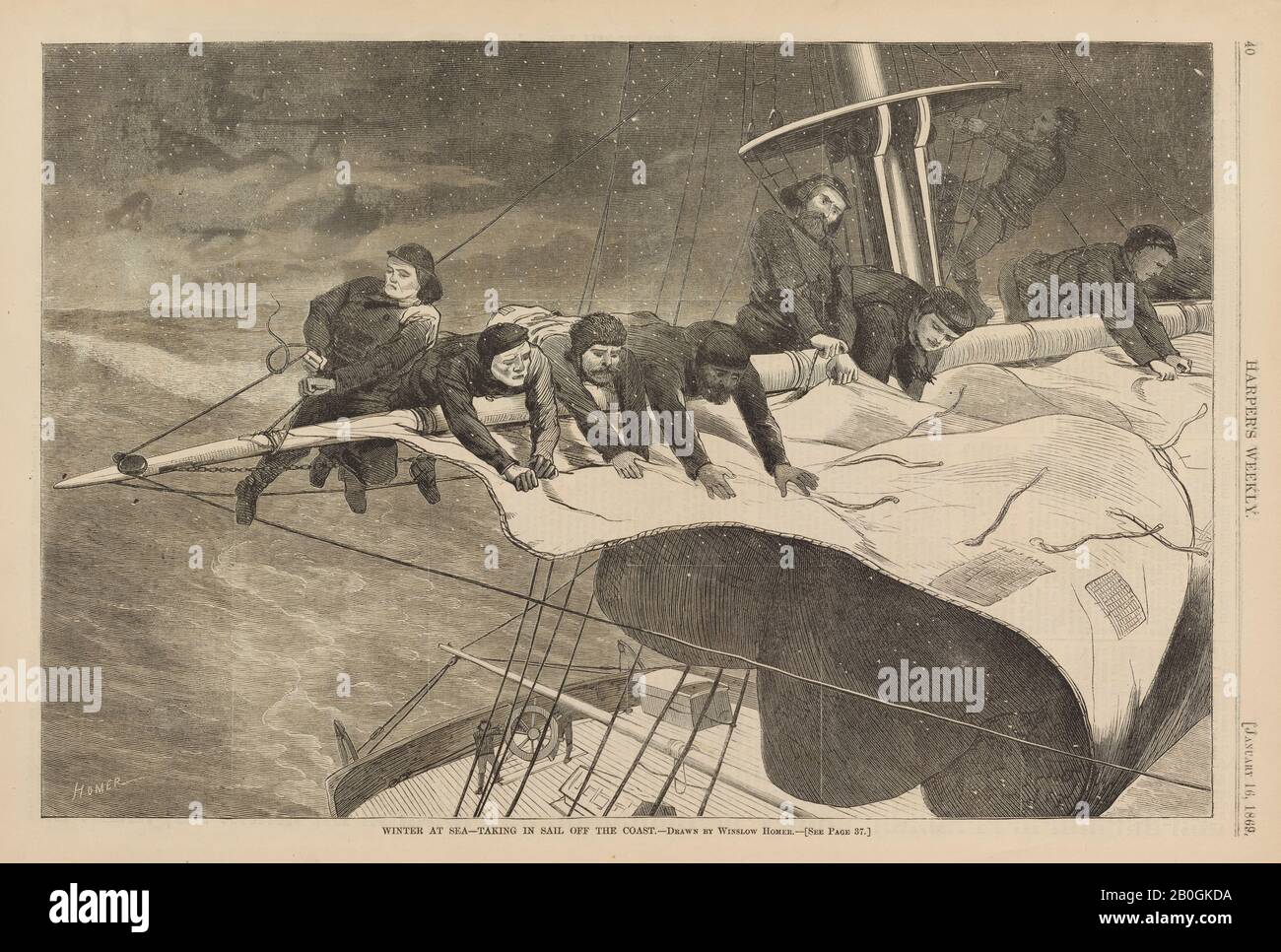 After Winslow Homer, American, 1836–1910, Winter at Sea—Taking in Sail off the Coast, From Harper's Weekly, vol. 13, 16 Jan. 1869, Wood engraving on newsprint, Image: 9 1/4 x 13 3/4 in. (23.5 x 35 cm Stock Photo