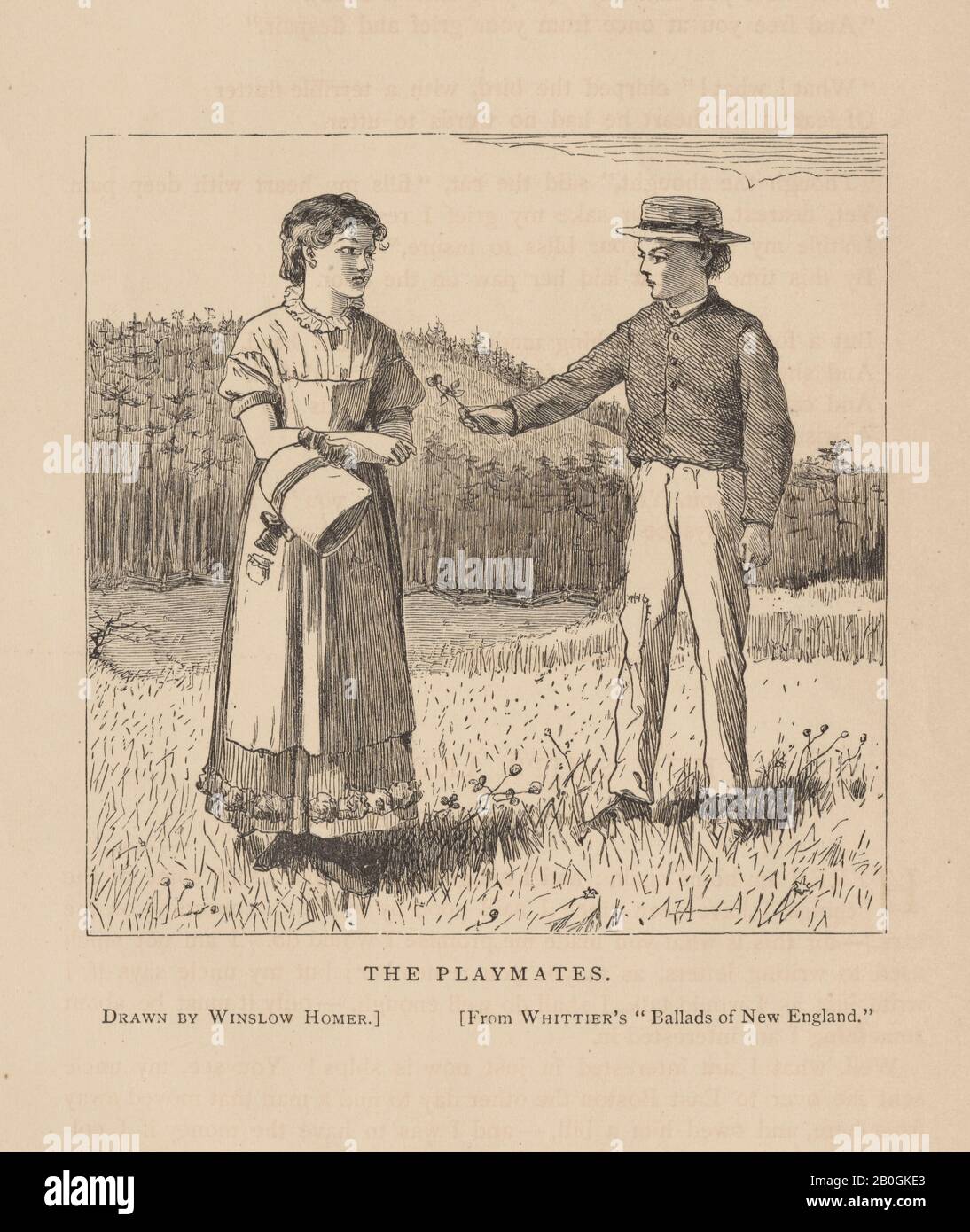 After Winslow Homer, American, 1836–1910, The Playmates, From Our Young Folks, vol. 5, Nov. 1869, Wood engraving on cream wove paper, Image: 3 11/16 x 3 11/16 in. (9.4 x 9.4 cm Stock Photo