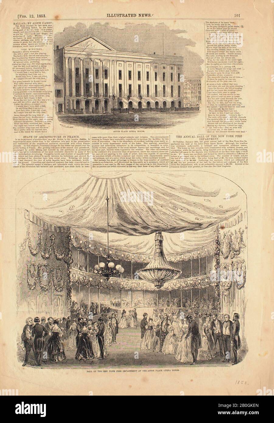 J. H.  Porter, American, 19th century, Unknown, Astor Place Opera House, and, Ball of the New York Fire Dept. at Astor Place Opera House, 1853, Wood engraving on paper, image: 4 5/8 in. (11.7 cm Stock Photo