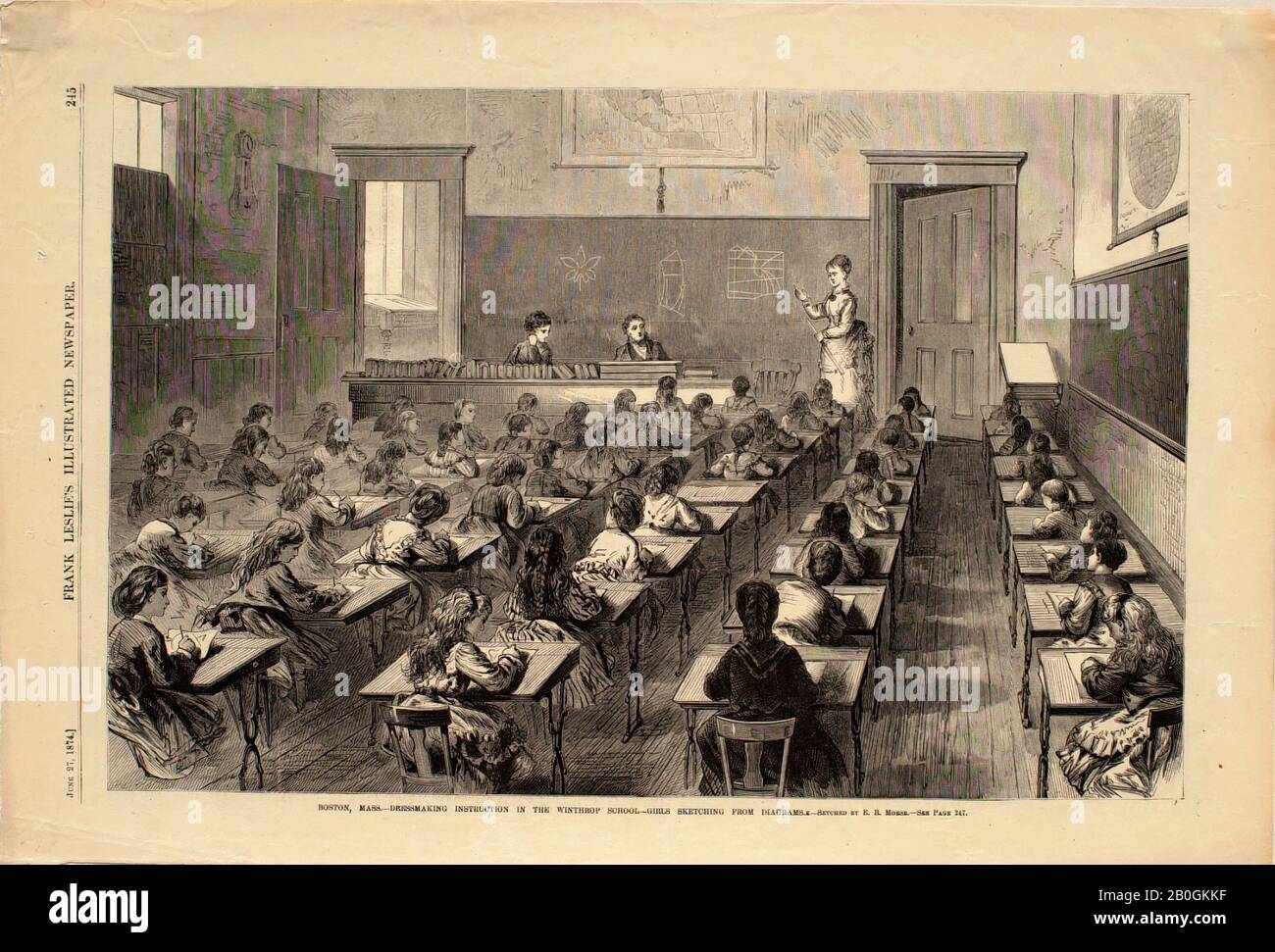 E. R. Morse, American, 19th century, Boston, Mass.—Dressmaking Instruction in the Winthrop School—Girls Sketching from Diagrams, From Frank Leslie's Illustrated Newspaper, 1874, Wood engraving on paper, image: 9 1/8 x 13 7/8 in. (23.1 x 35.3 cm Stock Photo