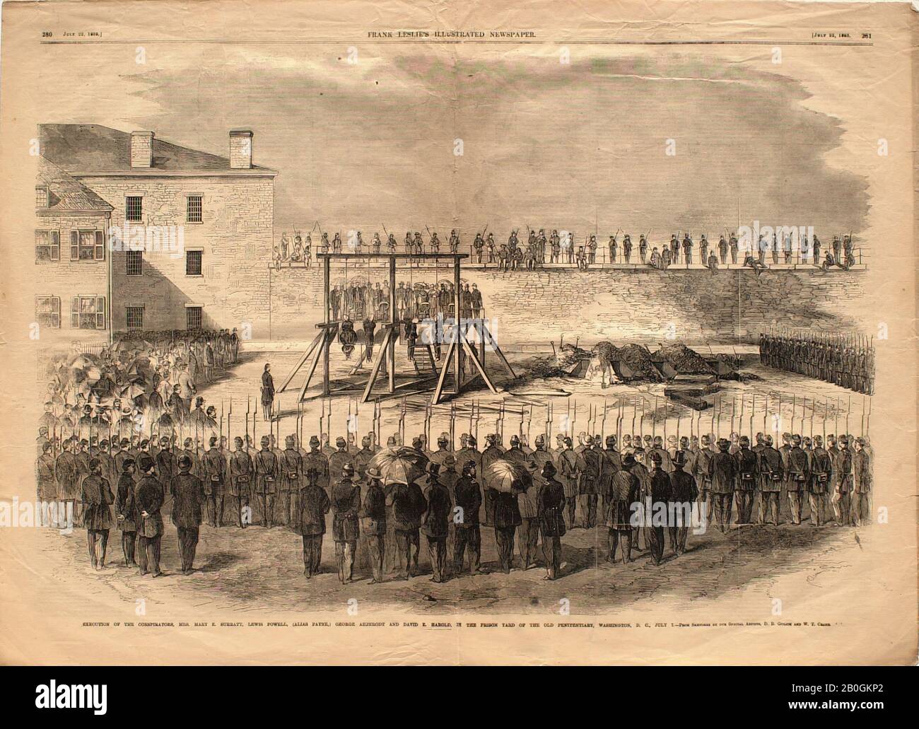 David B. Gulick, American, born 1829, W. T. Crane, (American, 19th century), The Hanging of the Conspirators in the Prison Yard of the Old Penitentiary, July 7, From Harper's Weekly, 1865, Wood engraving on paper, image: 13 3/4 x 20 5/8 in. (34.9 x 52.4 cm Stock Photo