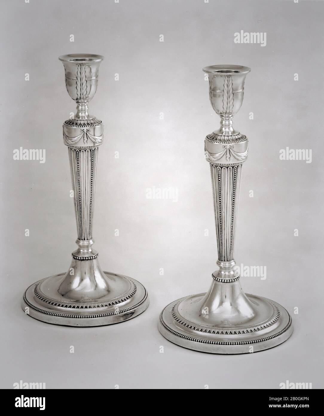 Maker unknown, Pair of Candlesticks, c. 1785/86, Fused silverplate, [1] 10 3/8 x 5 1/4 x 5 1/4 in. (26.4 x 13.3 x 13.3 cm); troy weight: 21.95 toz (682.7 g), loaded Stock Photo