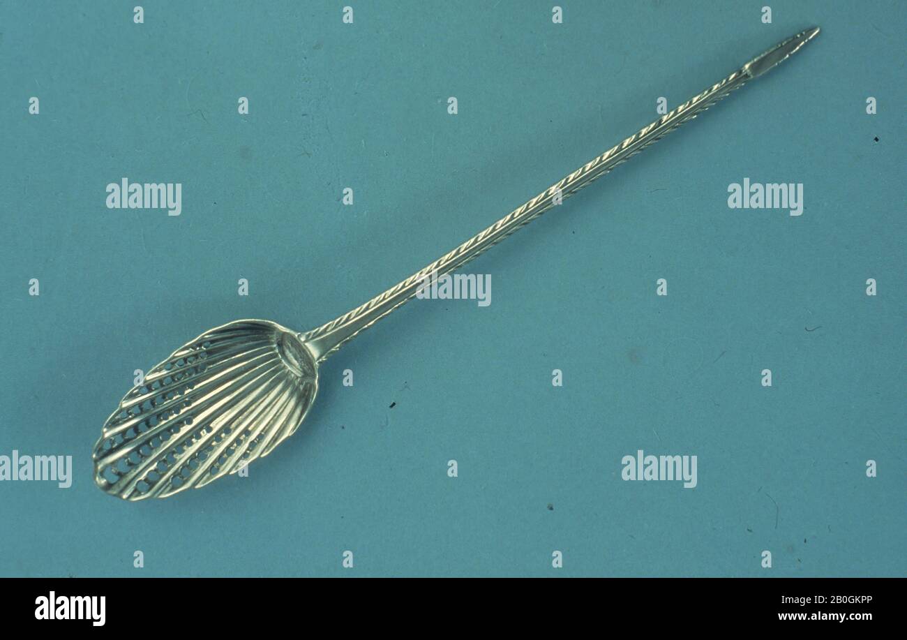 Maker's mark I.L in script, probably for John Lampfert, English, Strainer Spoon, c. 1770, Silver, Overall: 5 3/8 in. (13.7 cm Stock Photo