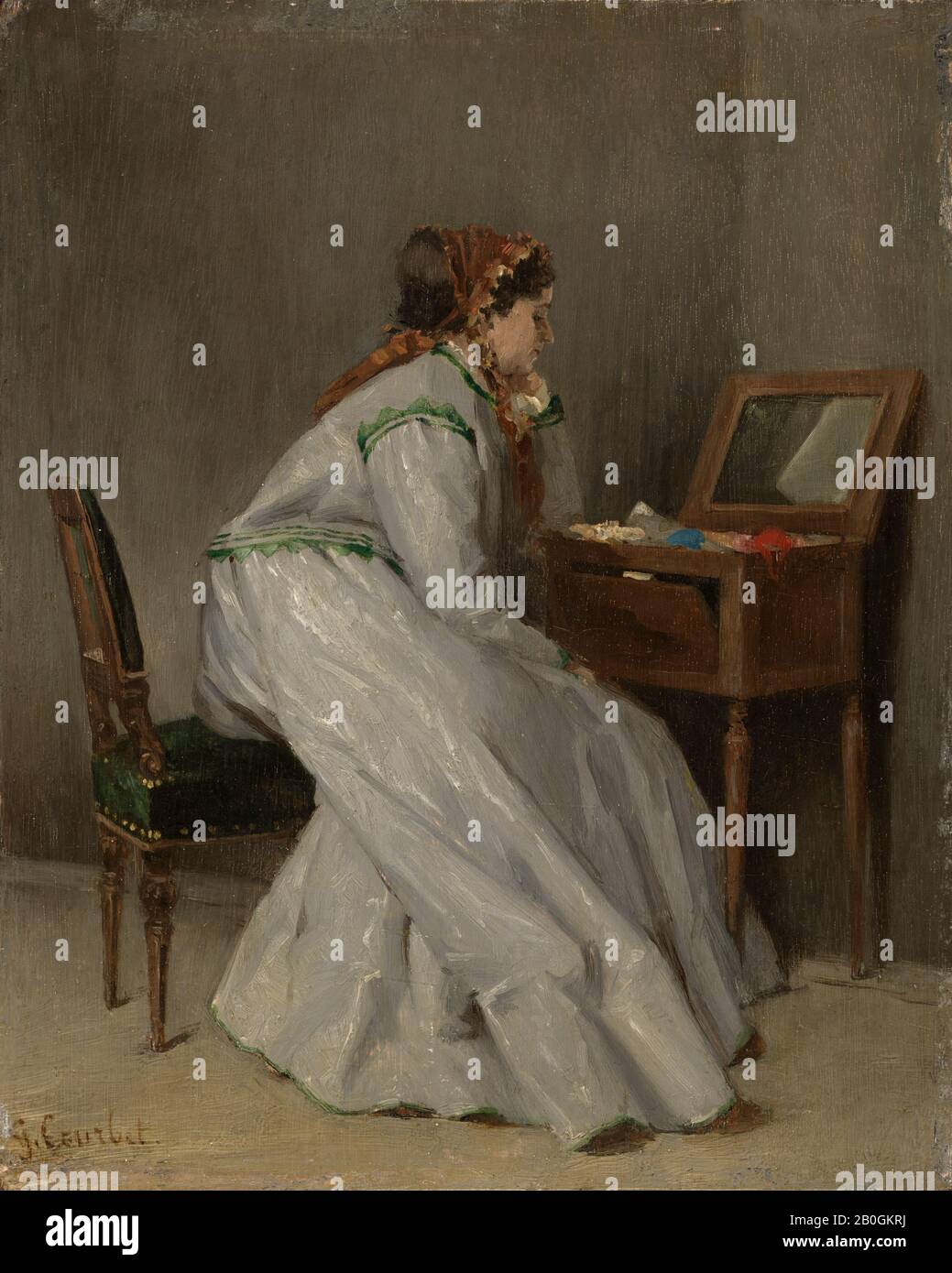 Artist unknown, French, 19th century, Woman Seated at a Dressing Table, c. 1850–1900, Oil on panel, 8 7/16 x 6 3/4 in. (21.4 x 17.2 cm Stock Photo