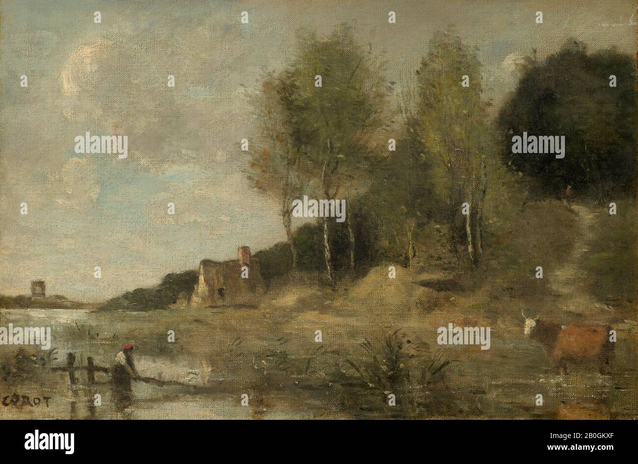 Imitator of Jean-Baptiste-Camille Corot, French, 1796–1875, Marsh at Bove, near Amiens, 19th century, Oil on canvas, 9 7/16 x 13 7/8 in. (24 x 35.3 cm Stock Photo