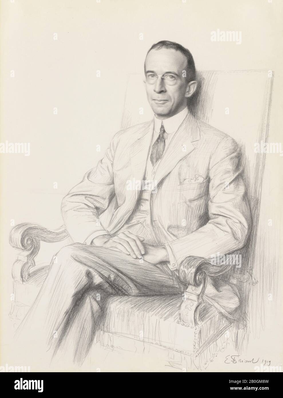 Émile Friant, French, 1863–1932, Portrait of Robert Sterling Clark, 1919, Graphite on paper, Overall: 21 3/4 x 16 1/2 in. (55.2 x 41.9 cm Stock Photo