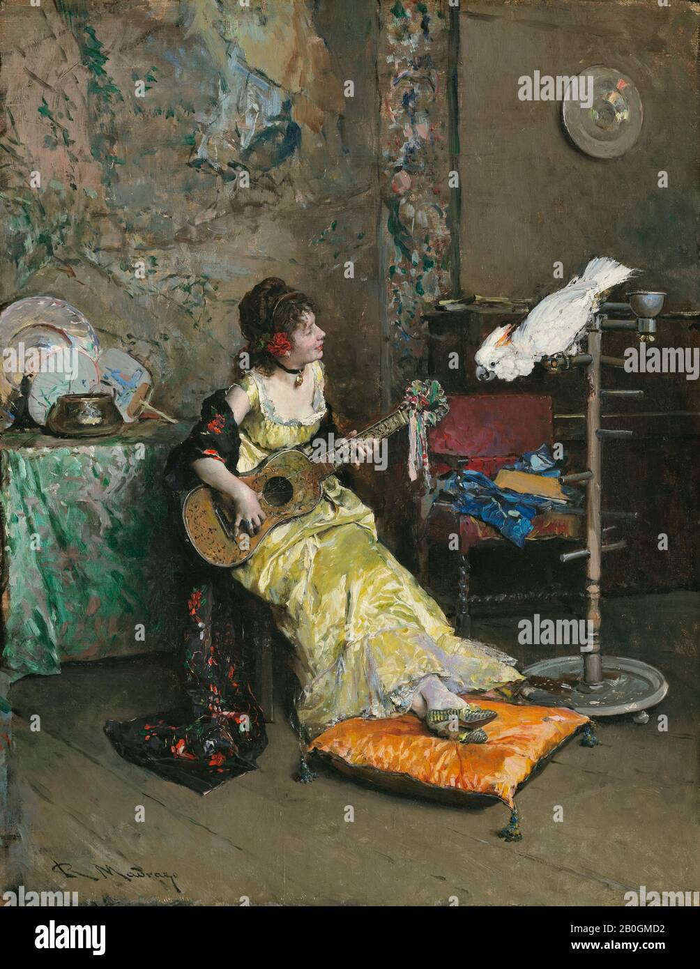 Raimundo de Madrazo y Garreta, Spanish, 1841–1920, Woman with a Parrot, c. 1872, Oil on canvas, 19 5/16 x 14 15/16 in. (49 x 38 cm Stock Photo