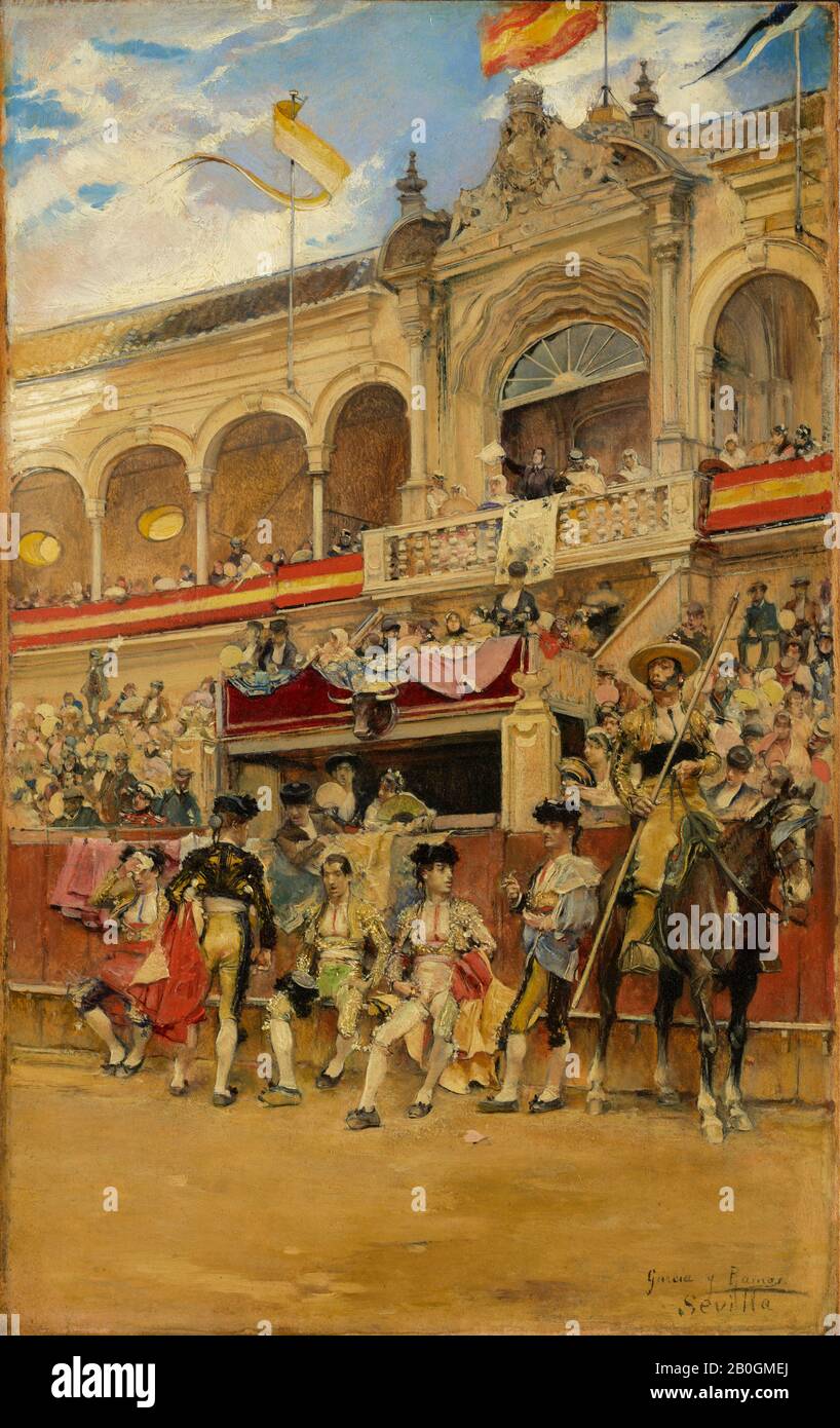 José García y Ramos, Spanish, 1852–1912, Inside the Bullring, c. 1880, Oil on panel, 11 3/16 x 7 1/16 in. (28.4 x 18 cm Stock Photo