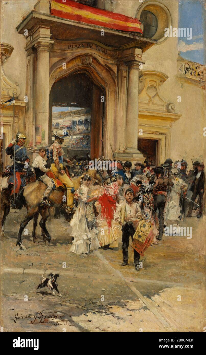 José García Ramos, Spanish, 1852–1912, Outside the Bullring, c. 1880, Oil on panel, 11 1/4 x 7 in. (28.6 x 17.8 cm Stock Photo
