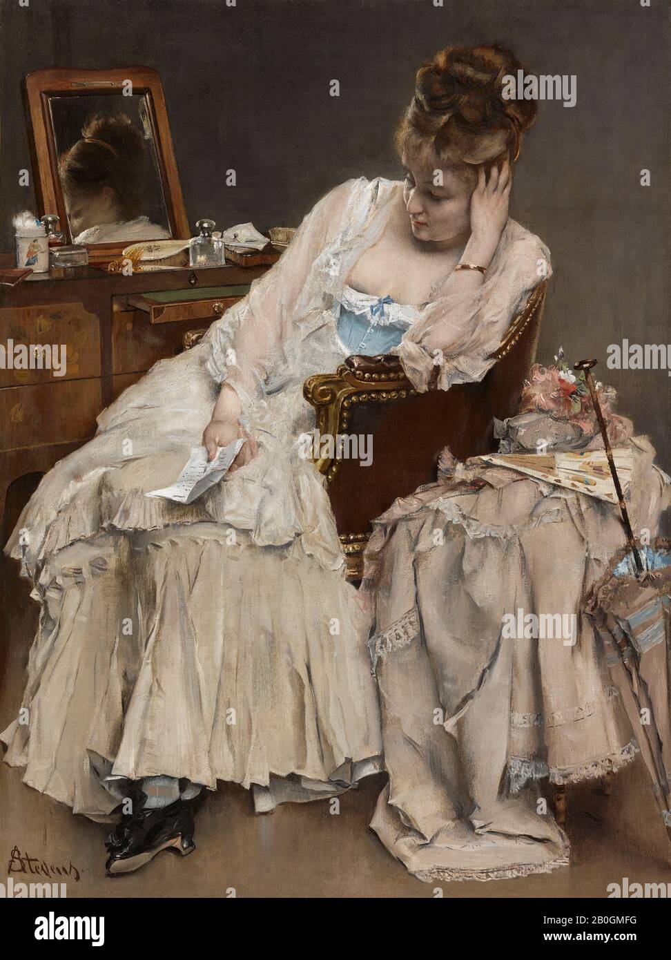 Alfred Stevens, Belgian, 1823–1906, Memories and Regrets, c. 1874, Oil on canvas, 24 3/16 x 18 1/4 in. (61.4 x 46.4 cm Stock Photo