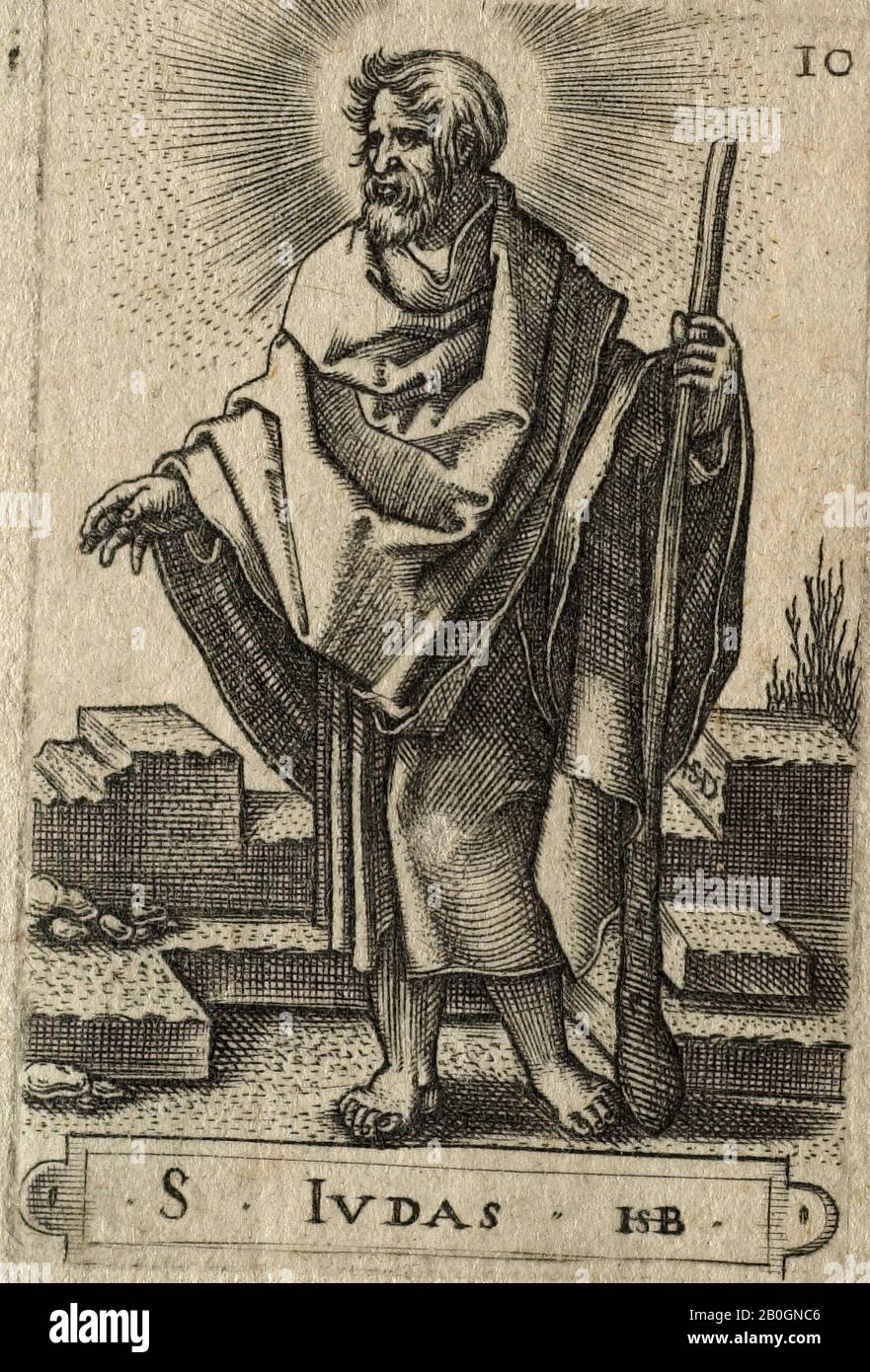 After Hans Sebald Beham, German, 1500–1550, The Twelve Apostles: Saint Jude (Thaddeus), 1520–1800, Engraving on paper, image: 1 15/16 x 1 1/4 in. (5 x 3.2 cm Stock Photo
