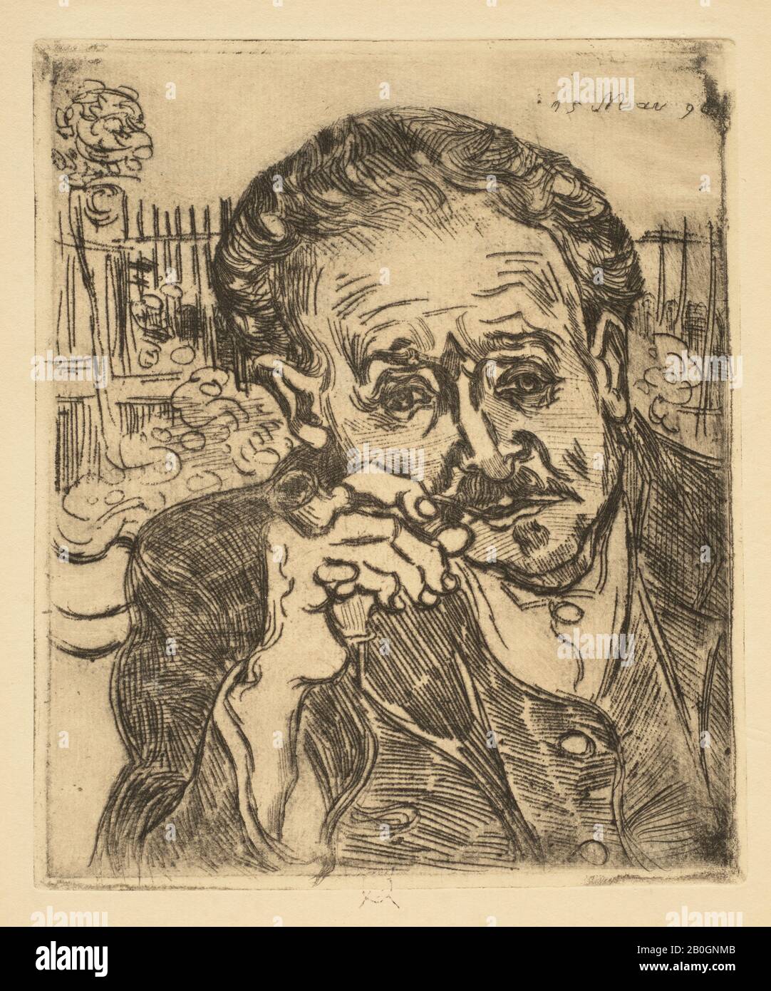 Vincent van Gogh, Dutch, 1853–1890, Man Smoking a Pipe: Portrait of Dr. Gachet, 1890, Etching on laid paper, plate: 7 1/8 x 5 7/8 in. (18.1 x 15 cm Stock Photo