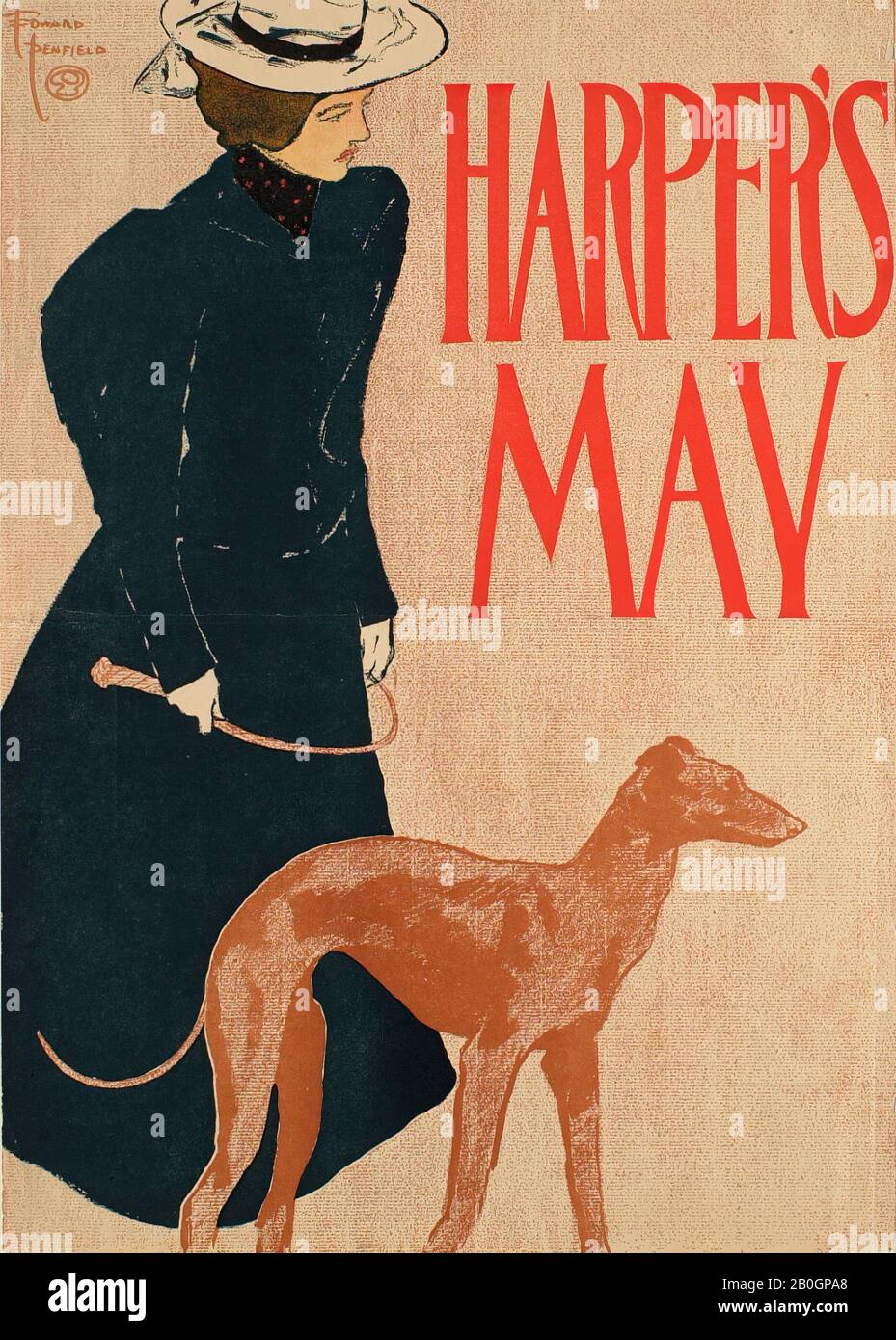 Edward Penfield, American, 1866–1925, Woman in Dark Blue Suit Walking Dog, May Harper's, 1885–1915, Zincograph on paper, sheet: 18 1/2 x 13 1/8 in. (47 x 33.4 cm Stock Photo