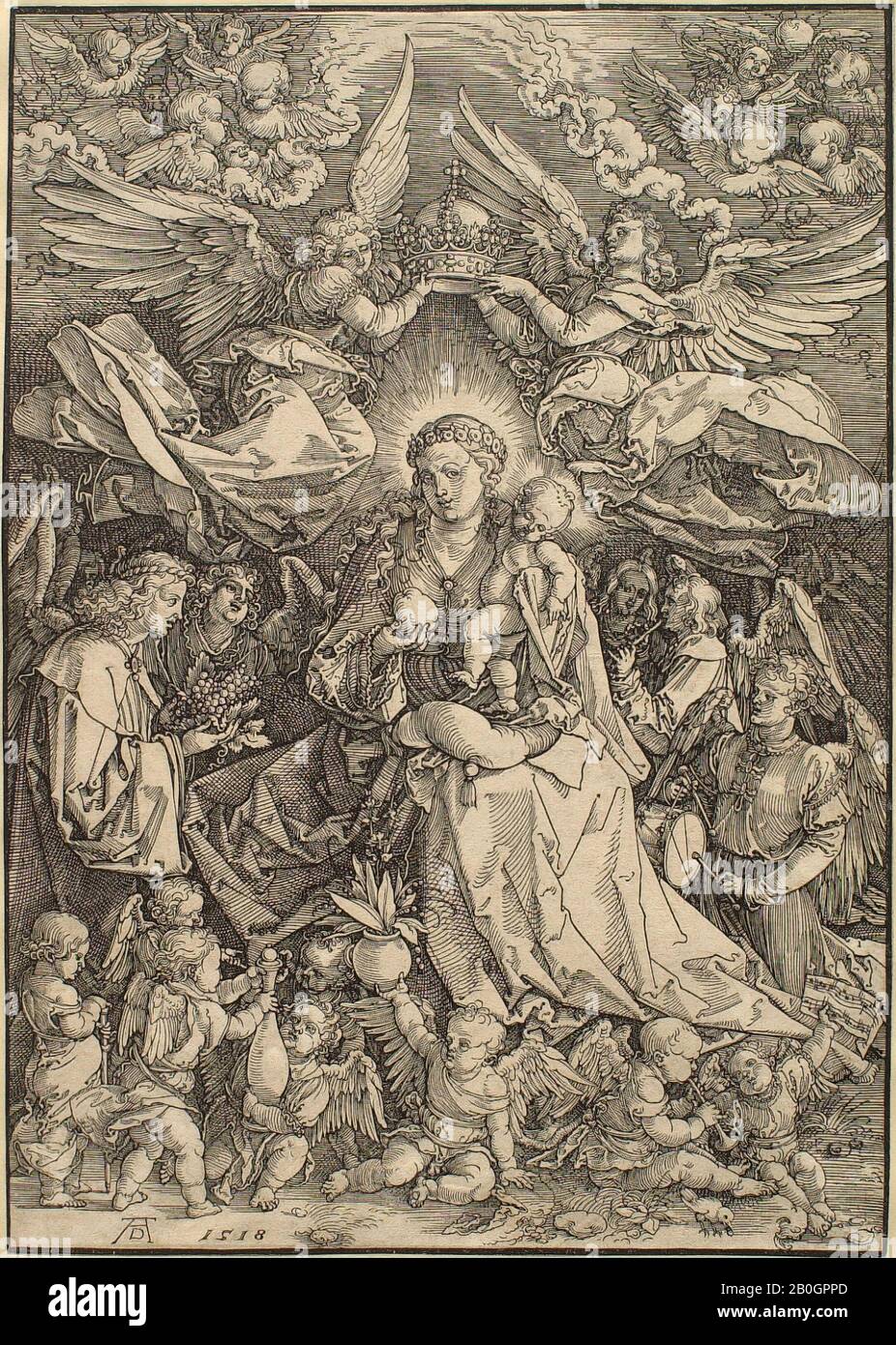 Albrecht Dürer, German, 1471–1528, The Virgin Surrounded by Many Angels, 1518, Woodcut on paper, Border: 11 3/4 x 8 5/16 in. (29.9 x 21.1 cm Stock Photo