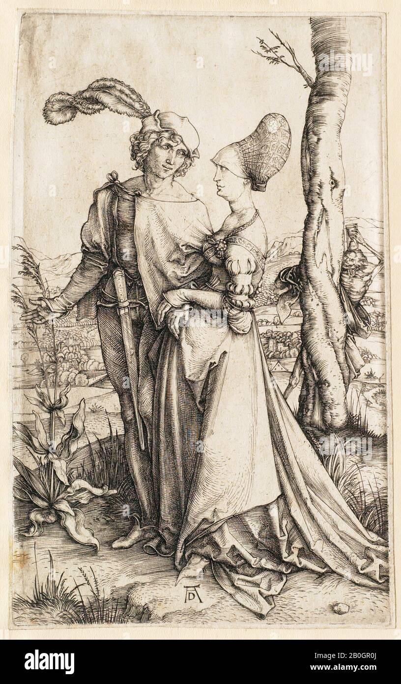Albrecht Dürer, German, 1471–1528, The Promenade, 1498, Engraving on paper, Border: 7 5/8 x 4 13/16 in. (19.3 x 12.3 cm Stock Photo