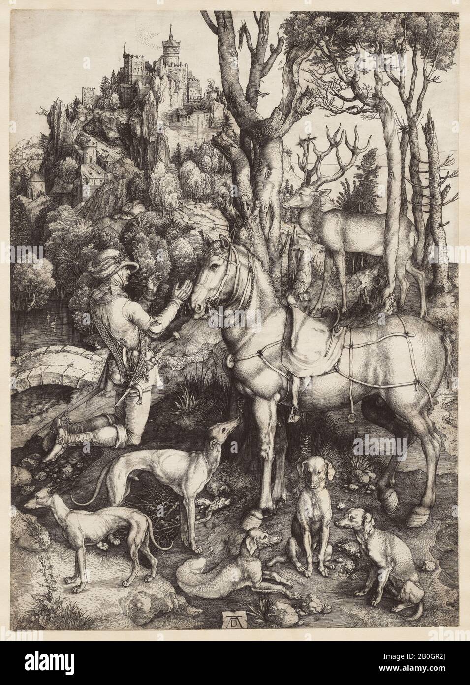 Albrecht Dürer, German, 1471–1528, Saint Eustace, c. 1501, Engraving on paper, image: 13 15/16 x 10 3/16 in. (35.4 x 25.9 cm Stock Photo