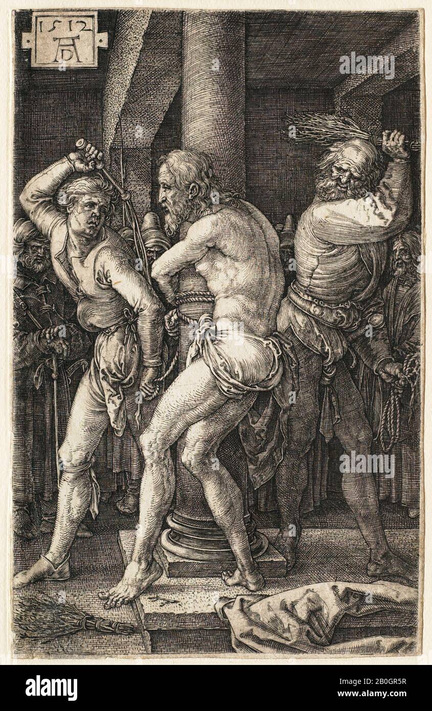 Albrecht Dürer, German, 1471–1528, The Passion: The Flagellation, 1512, Engraving on paper, image: 4 9/16 x 2 13/16 in. (11.6 x 7.2 cm Stock Photo