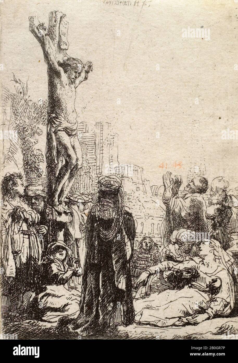 Rembrandt van Rijn, Dutch, 1606–1669, The Crucifixion, Etching on paper, image: 3 11/16 x 2 5/8 in. (9.4 x 6.7 cm Stock Photo
